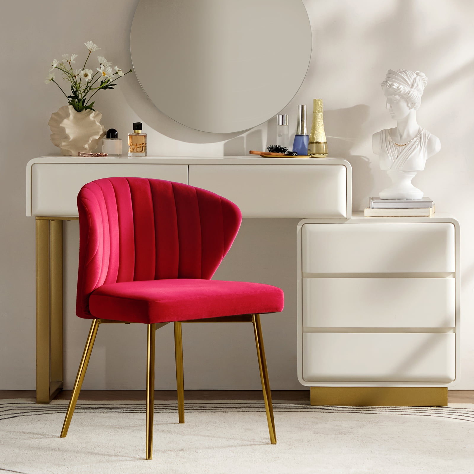 Velvet Upholstery Comfy Dining Chair Accent Channel Tufted Metal Legs Home Living Room Bedroom Kitchen Red