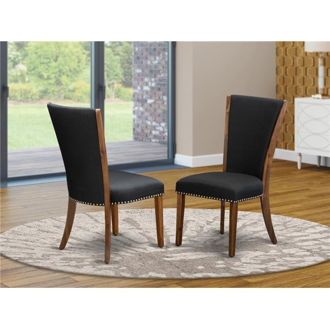Verona Antique Walnut Wooden Frame Dining Chair with Black Linen Fabric Seat with Nail Head & Stylish Back - Set of 2