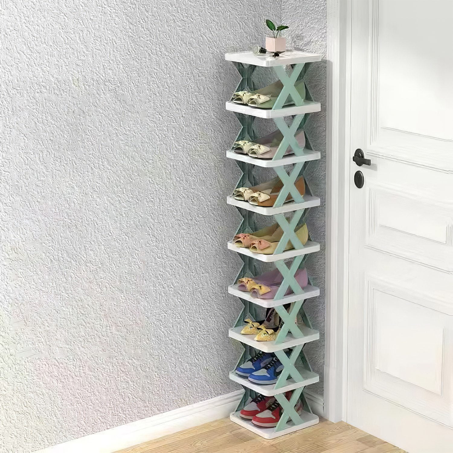 9-Tier Stackable Vertical Shoe Rack TeqHome DIY Narrow Free Standing Shoe Organizer Space Saving for Entryway and Bedroom Blue