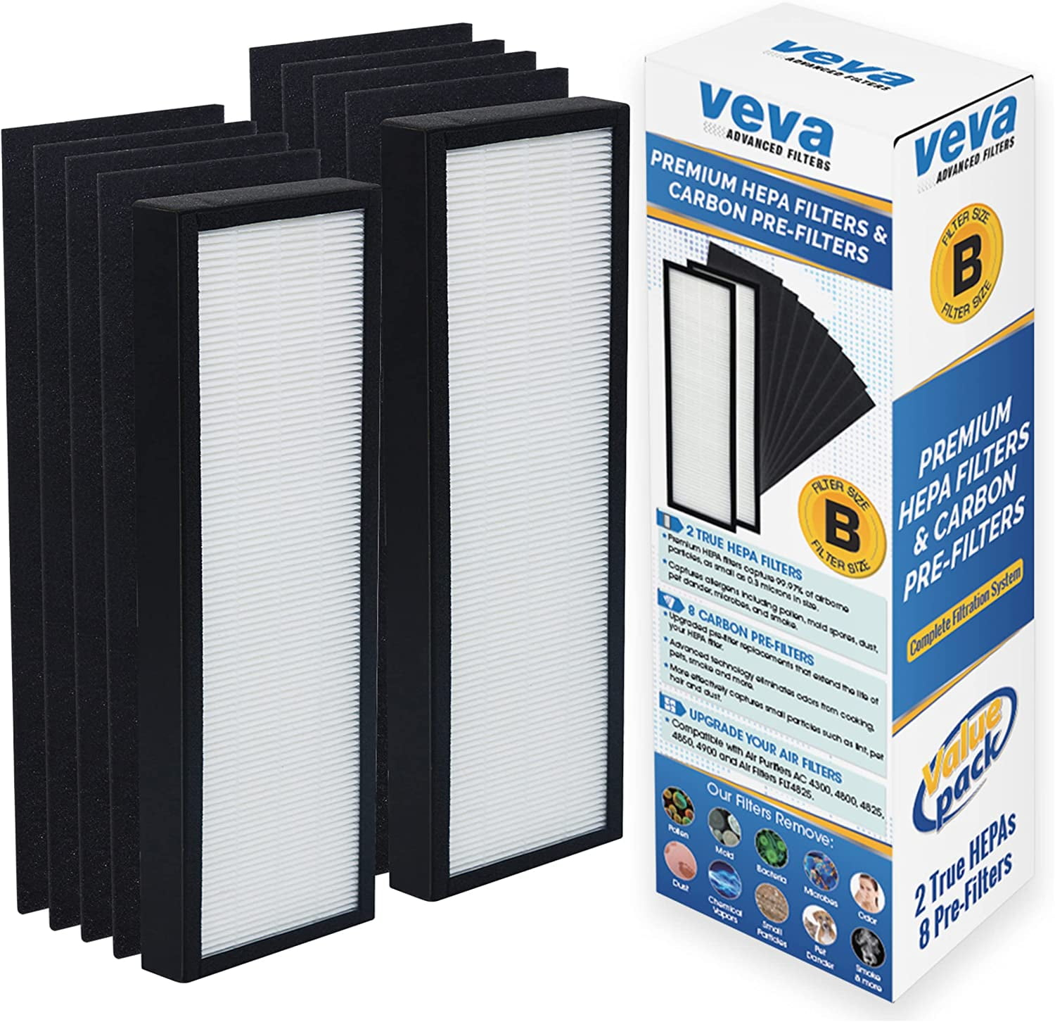 Veva HEPA Filter B Replacement, Pack of 2 with 8 Carbon Pre-Filters