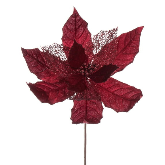 Vickerman 11" Burgundy Velvet and Glitter Mesh Poinsettia Flower on Stem, 6 per bag.