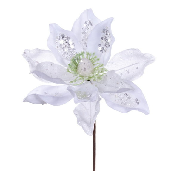 Vickerman 15" Artificial White Deluxe Magnolia Christmas Stem, 8" Flower, 6 per bag