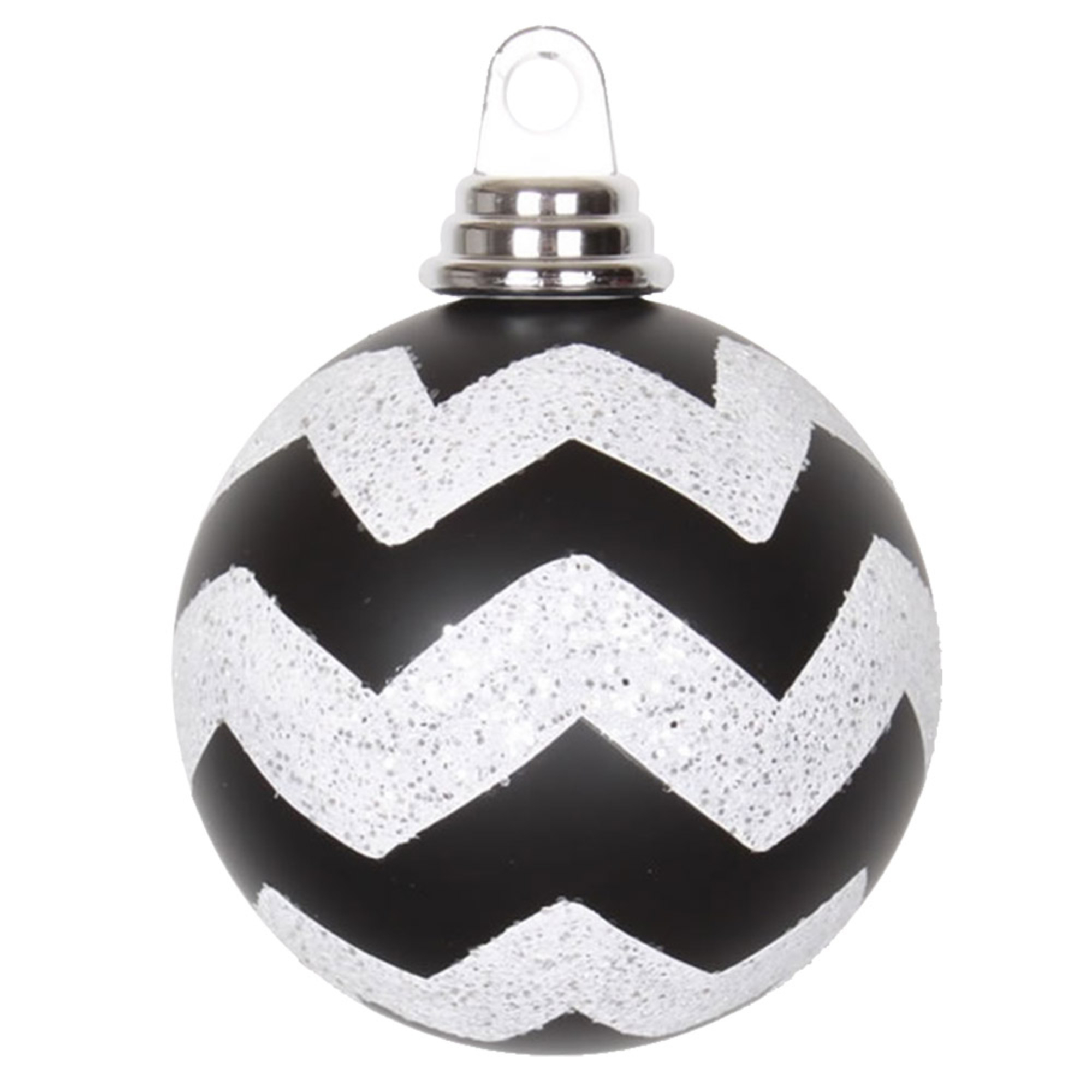 Vickerman 4" Black and White Matte Chevron Ball Christmas Ornament with Glitter Accents, 4 per Box