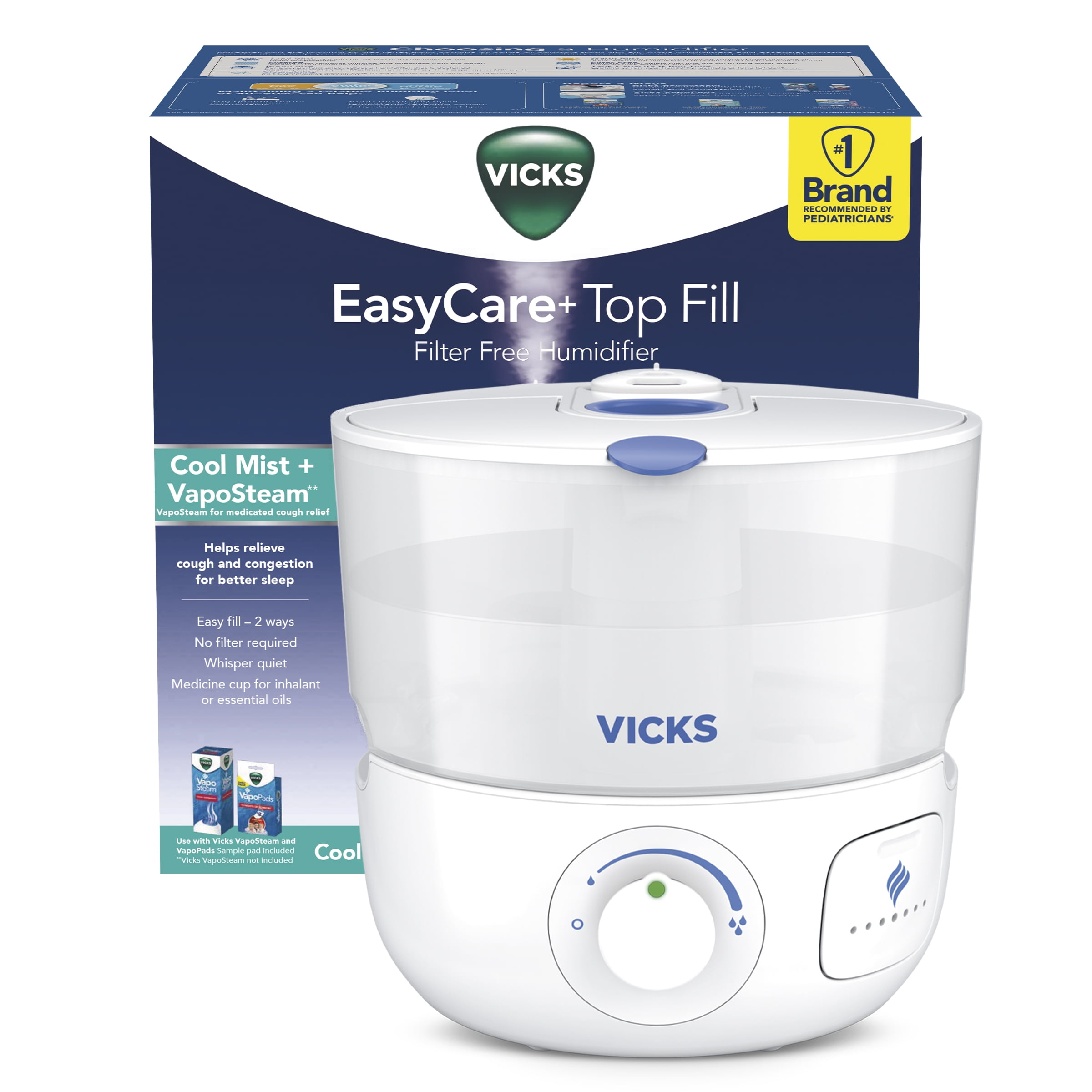 Vicks EasyCare + Top Fill Ultrasonic Cool Mist Humidifier, 400 sq ft, White, VUL585
