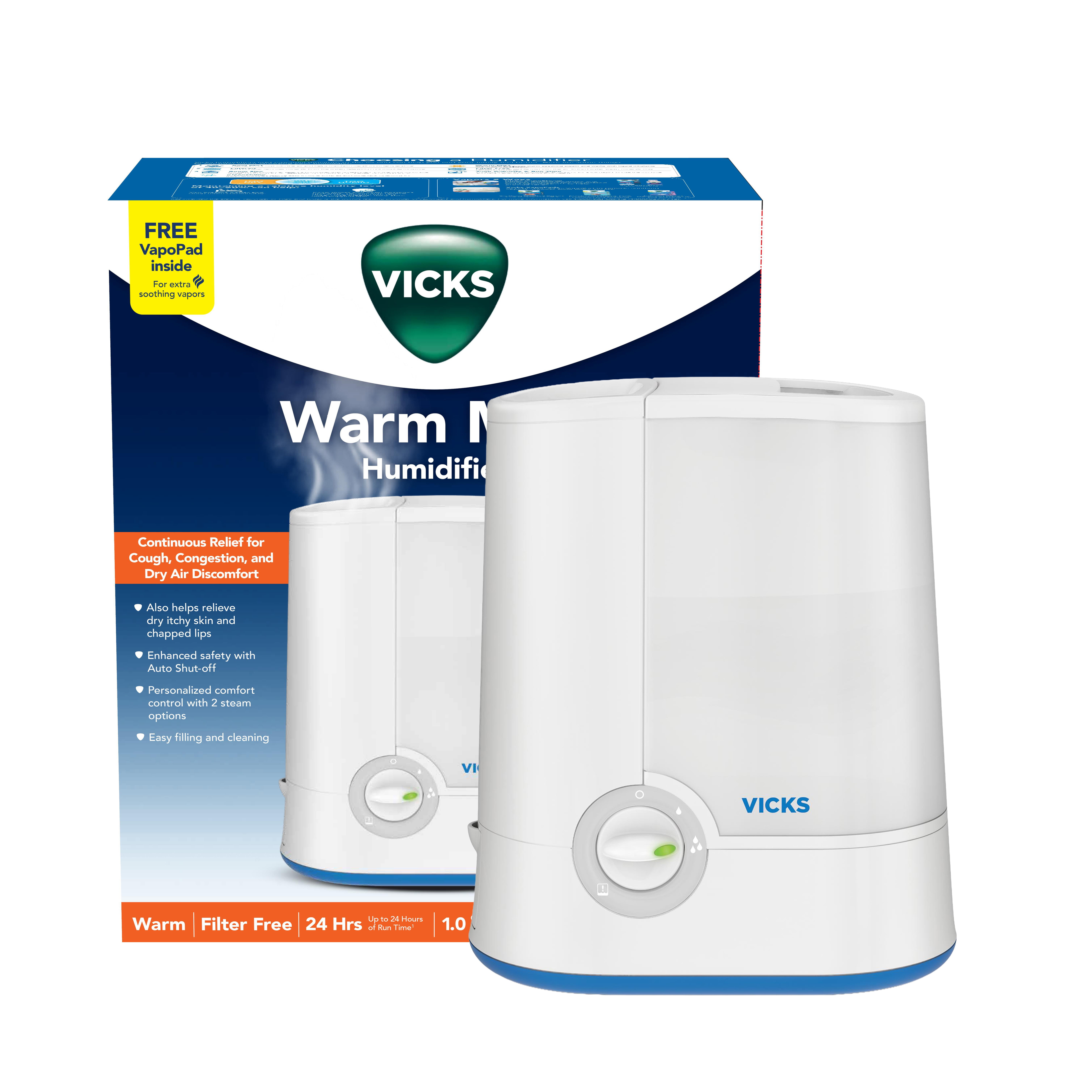 Vicks Warm Moisture Humidifier, 400 sq ft, Blue, V750
