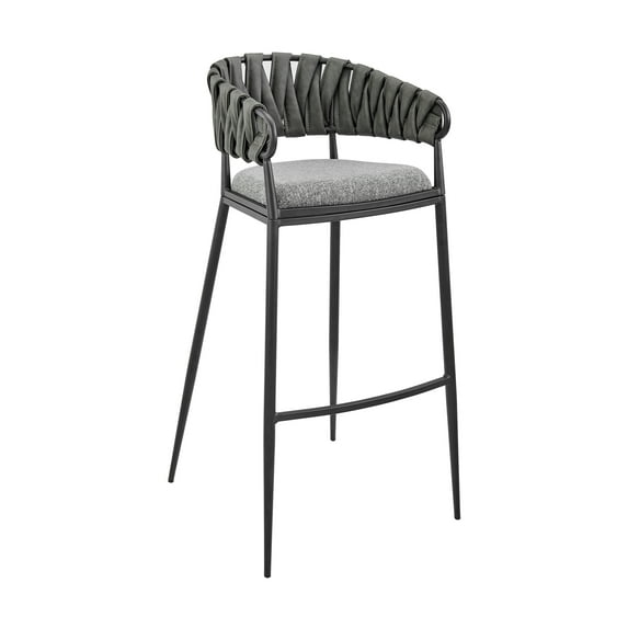 Vigona Counter Stool in Black Metal with Grey Fabric and Faux Leather