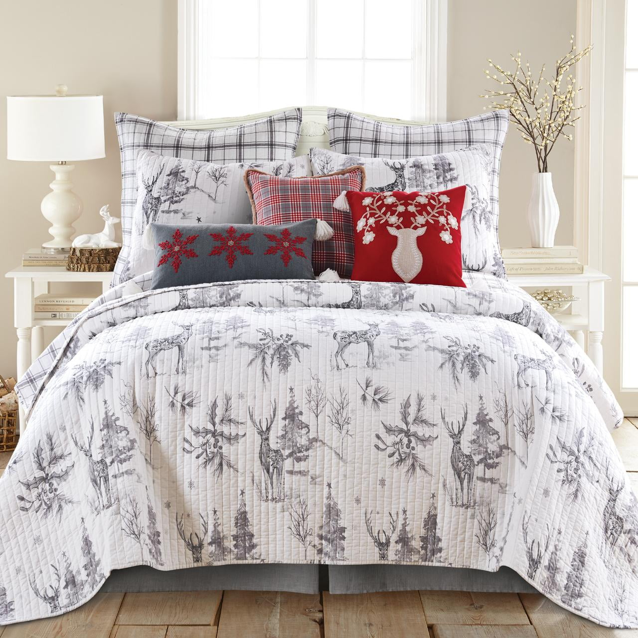 Villa Lugano Sleigh Bells Grey by Levtex Home - Sleigh Bells Grey Quilt - King - Standard - Quilt (106x92in.) - Reversible - Cotton/Poly