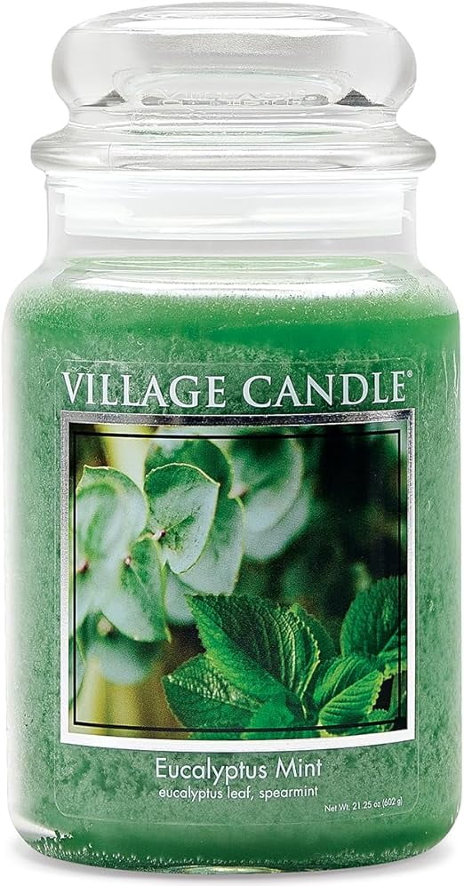 Village Candle Eucalyptus Mint, Large Glass Apothecary Jar Scented Candle, 21.25 oz, Green