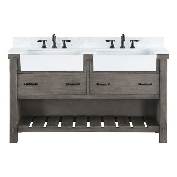 60 in. Villareal Double Bathroom Vanity, Classical Grey with Composite Stone Top in White, White Farmhouse Basin