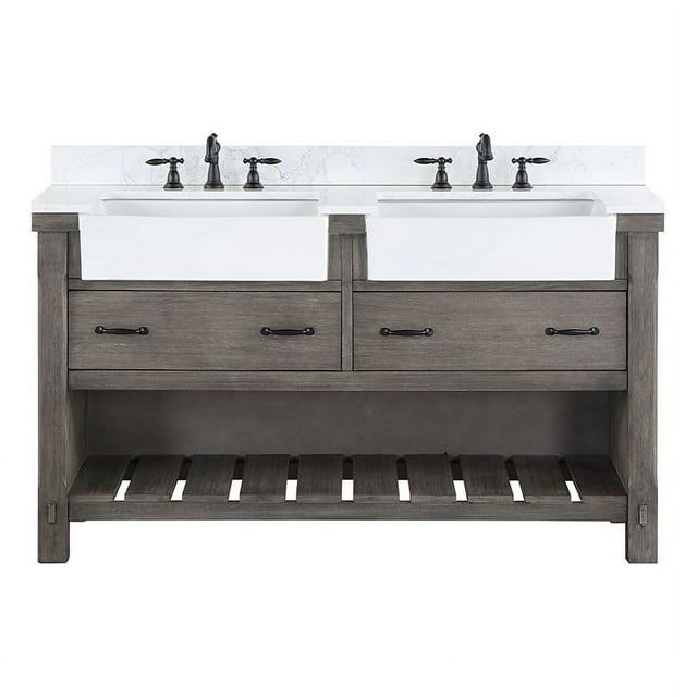 60 in. Villareal Double Bathroom Vanity, Classical Grey with Composite Stone Top in White, White Farmhouse Basin