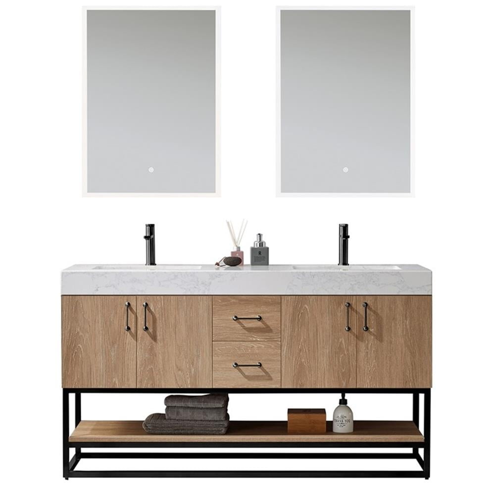 Vinnova Alistair 60" White Stone Top Oak Double Vanity Black Frame w/o Mirror