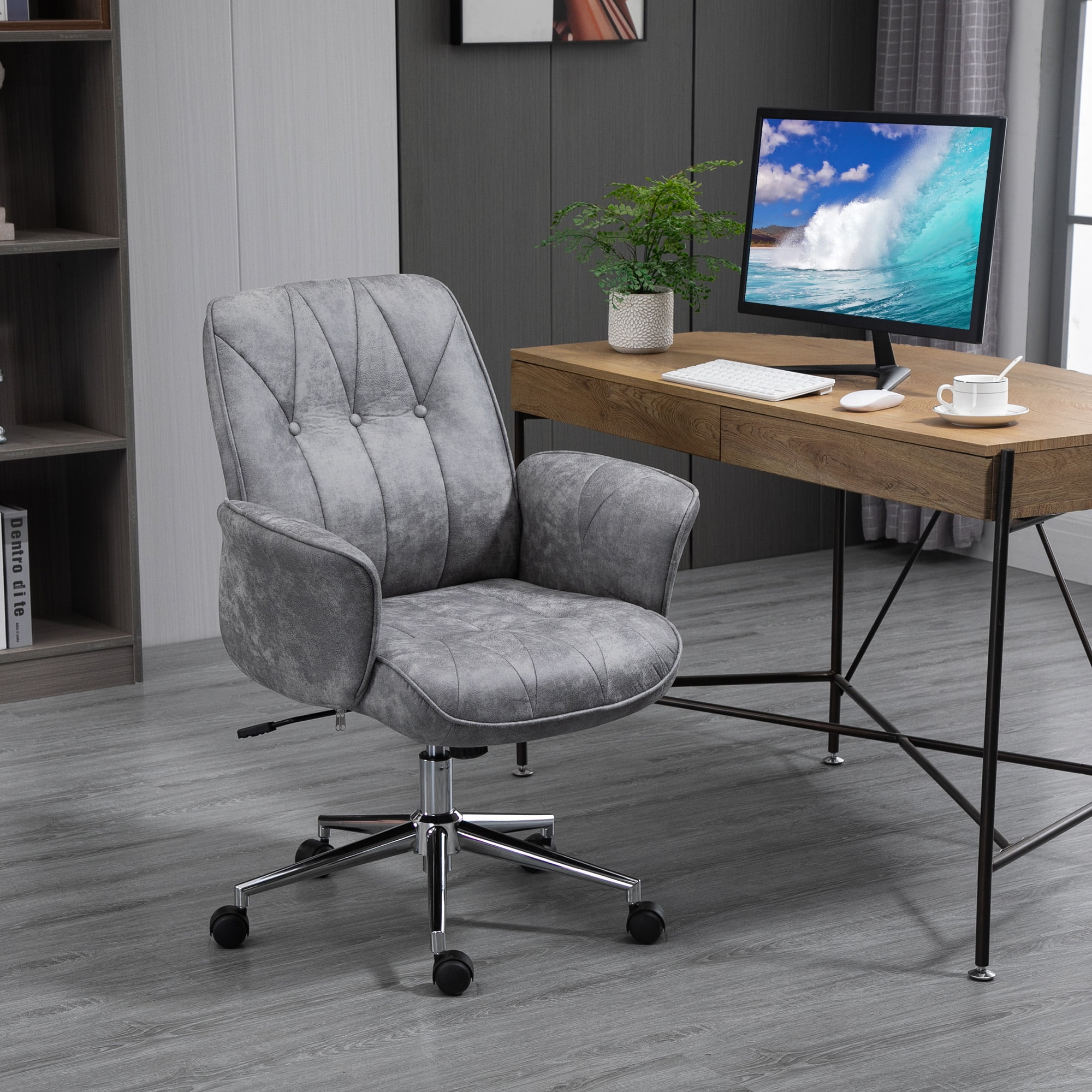 Zazesaby Microfiber Home Office Chair, Height Adjustable Button Tufted Computer Desk Chair with Swivel Wheels, Tilt Function and Padded Armrests, Light Gray