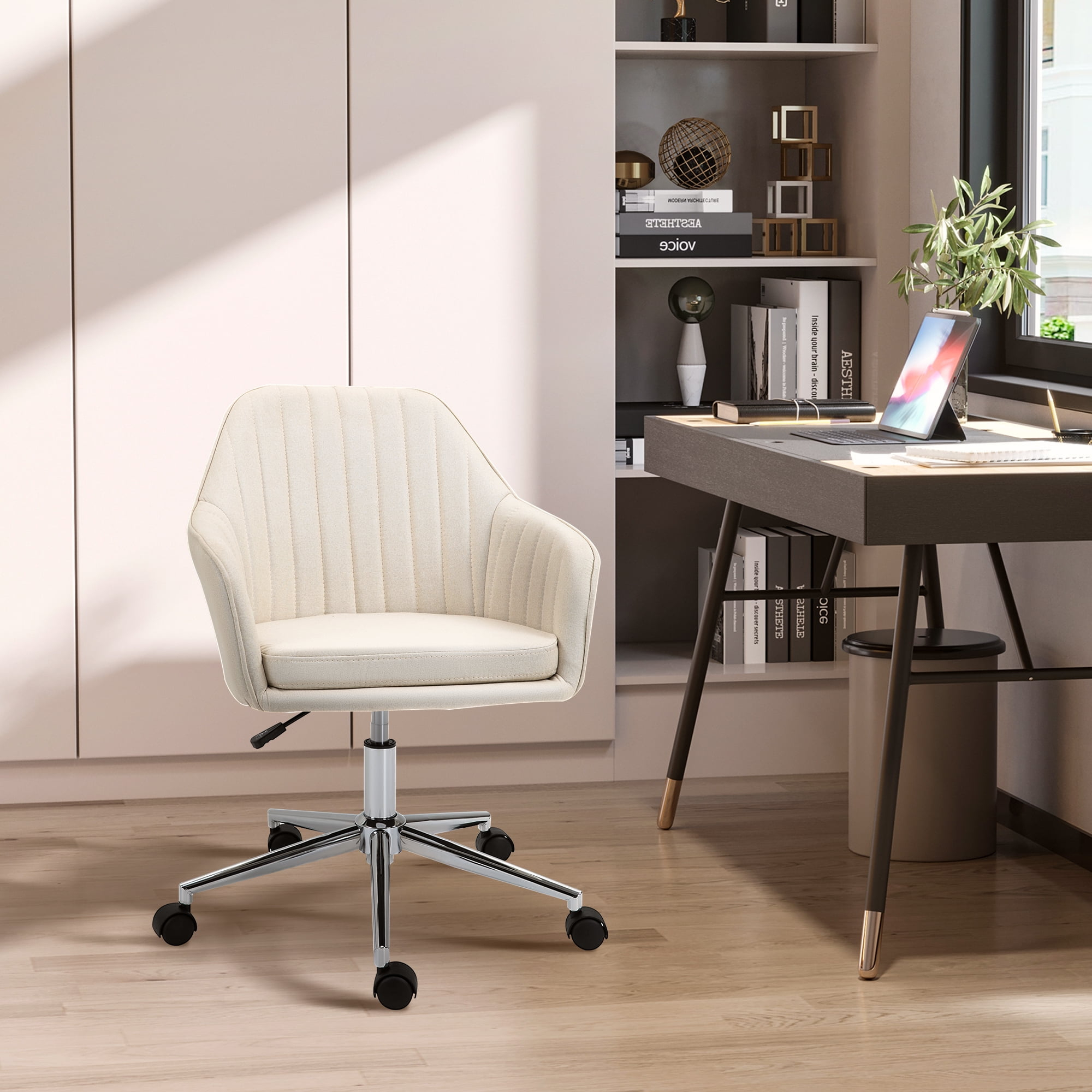 Vinsetto Mid-Back Task Chair, Fabric Home Office Chair, Swivel Desk Chair with Tub Shape Design & Lined Pattern Back for Living Room, Bedroom, Beige
