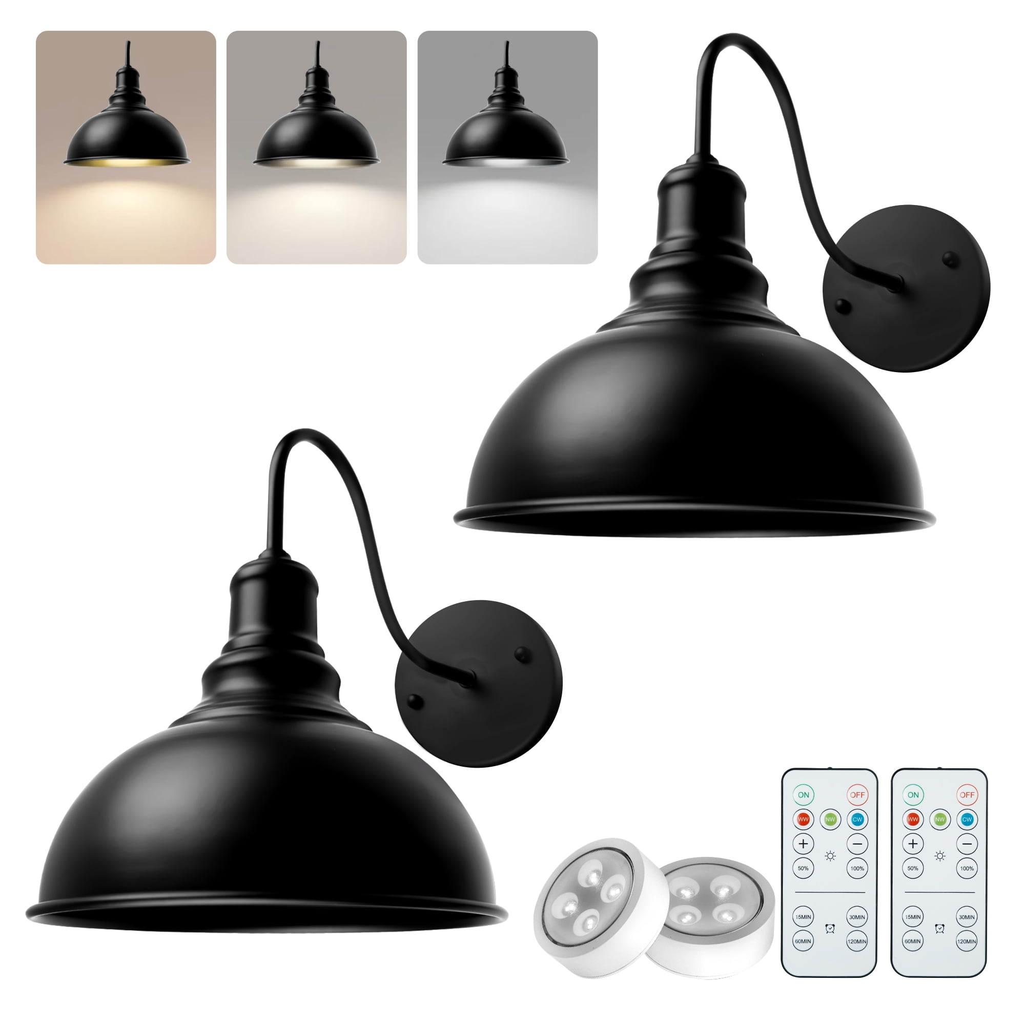 Vintage Black Wireless Battery Operated Wall Sconces Set of 2, Cordless LED Wall Lights Set with Remote Control, for Bedroom, Farmhouse, Gallery - Easy Setup, 3 Color Dimmable, Adjustable Brightness
