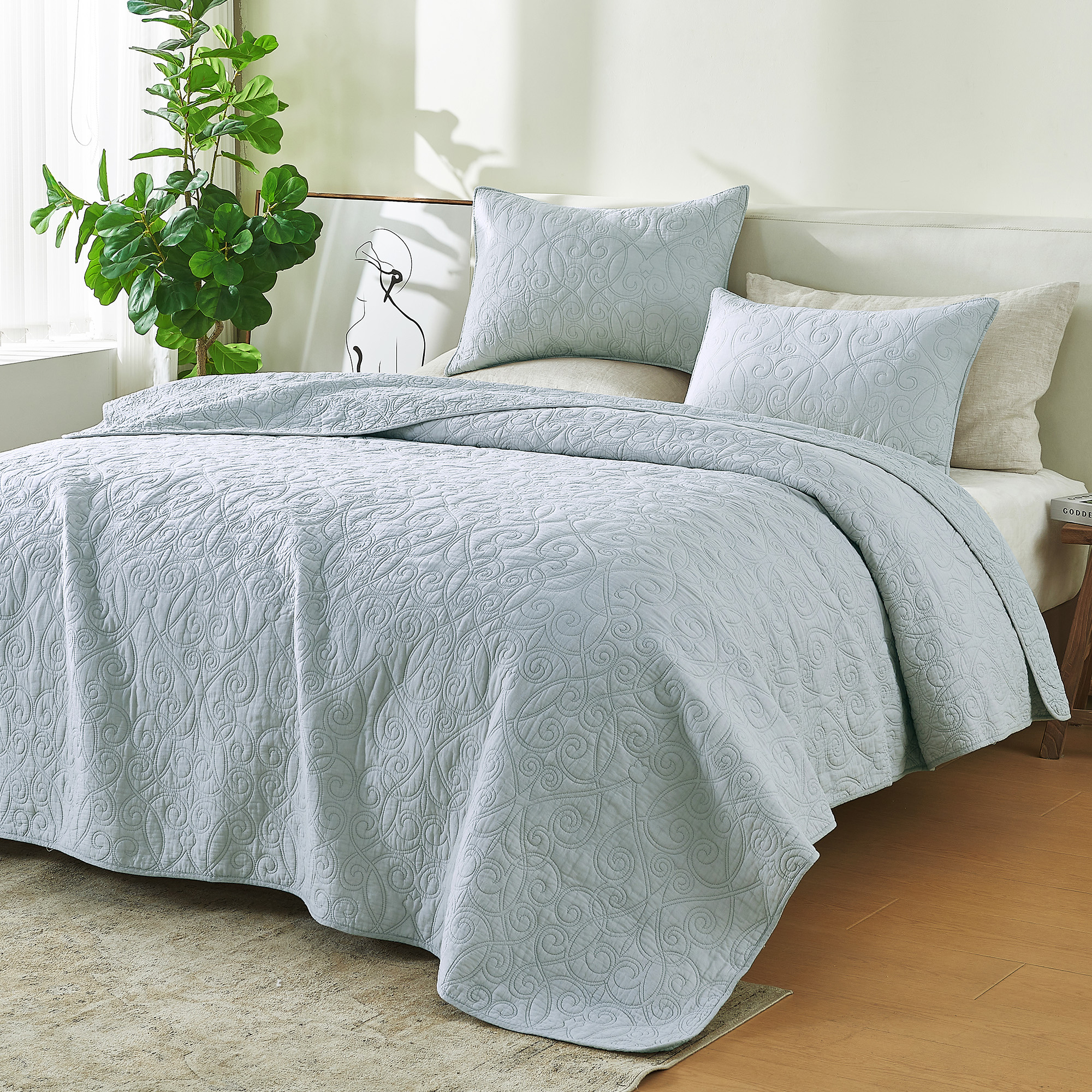 Vintage Comfort 100% Cotton Stitched 3 Piece Quilt Set with Shams, Full / Queen