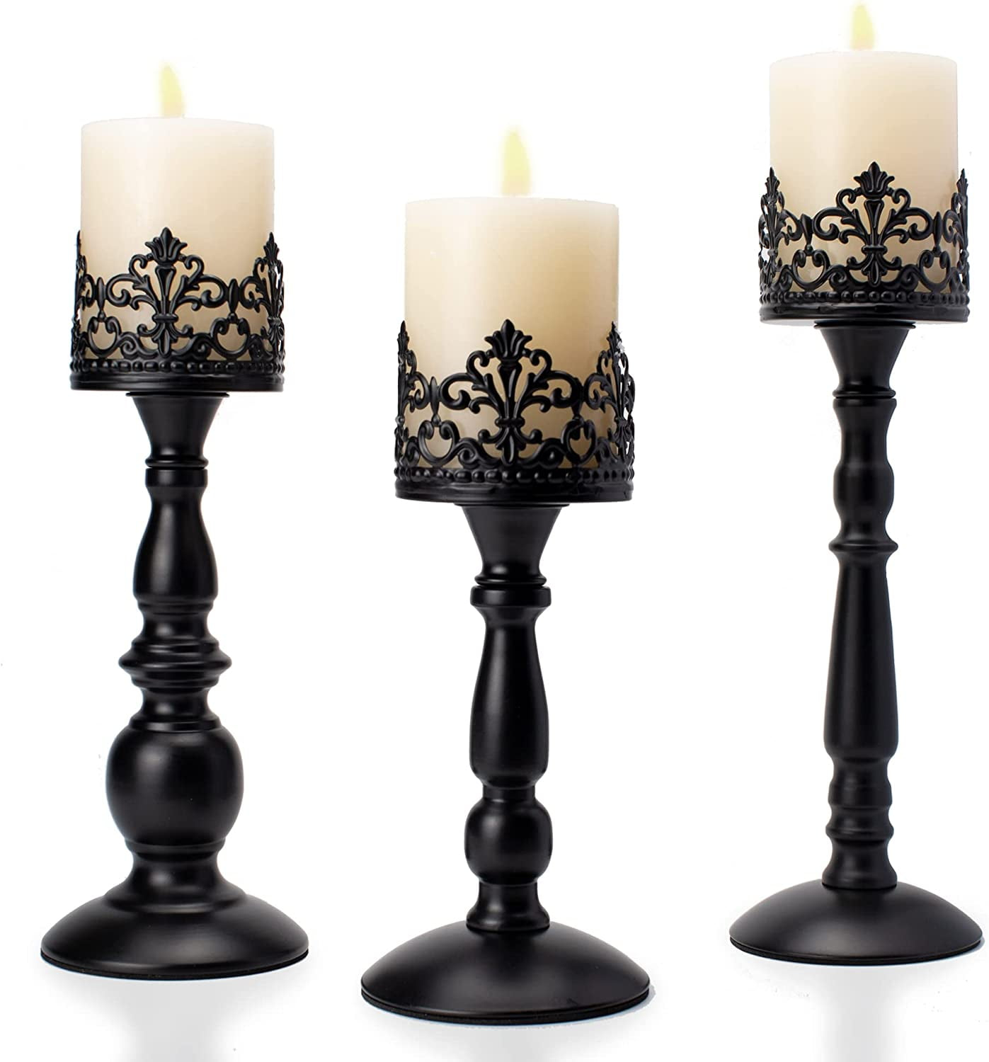 Vintage Pillar Candle Holders for Table Centerpiece Set of 3-11'' 9'' 8'' - Matte Black Metal Candle Stands Decorative - Candle Centerpiece for Table Fireplace Decor - Gothic Candle Holder