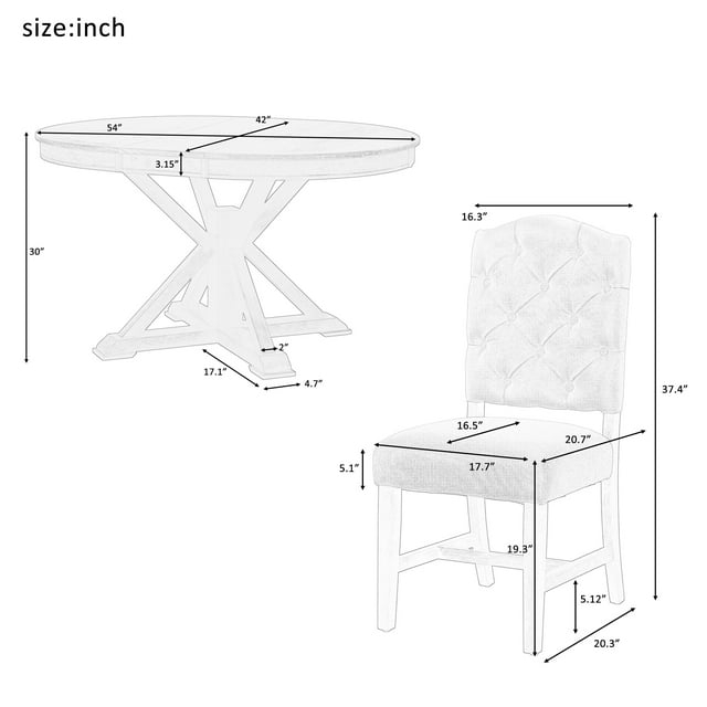 Vintage Style Round Dining Table Set with Extendable Table and 4 Upholstered Chairs for Dining Room and Living Room Oak Natural Wood + OFF White
