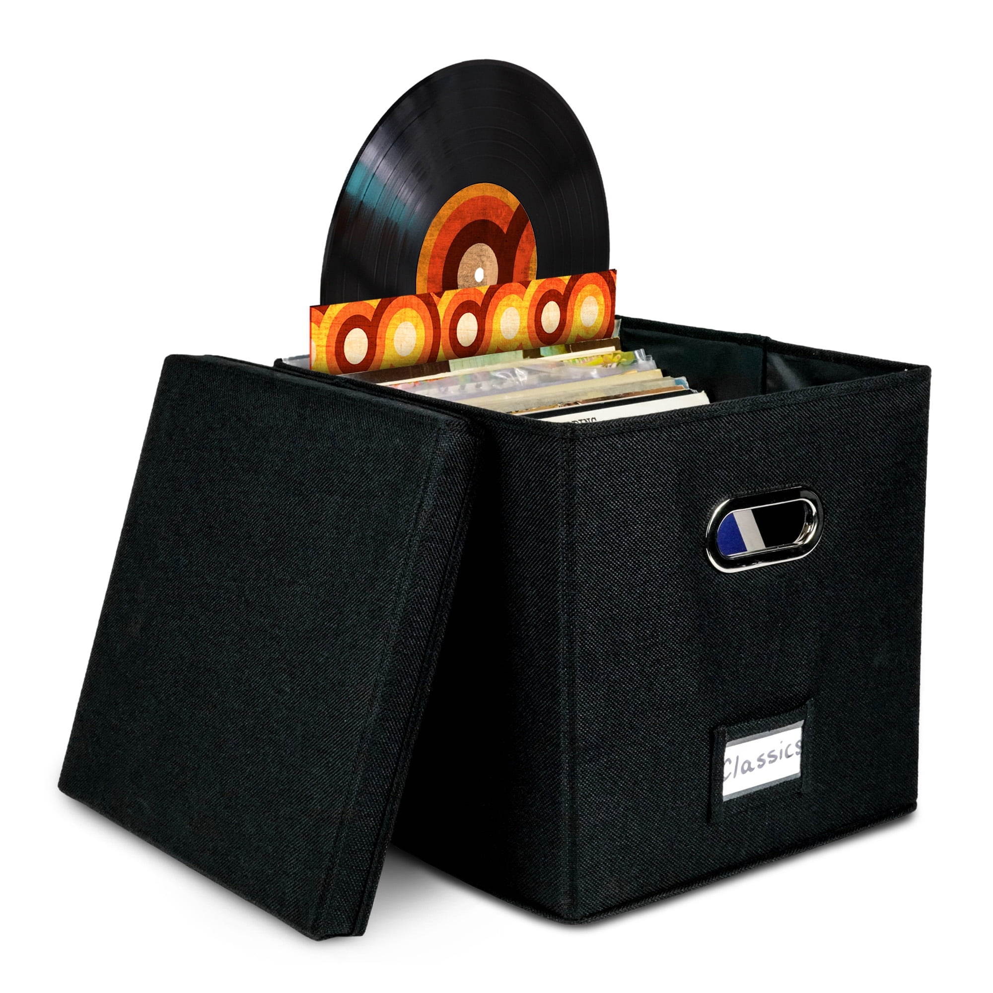 Vinyl Record Storage Box for up to 50+ 12-Inch Albums, Records Crate, LP Album Storage, Fabric Storage Boxes with Lids for Moving, Office, Closet, Home Organizer 13x13x13 (Black)