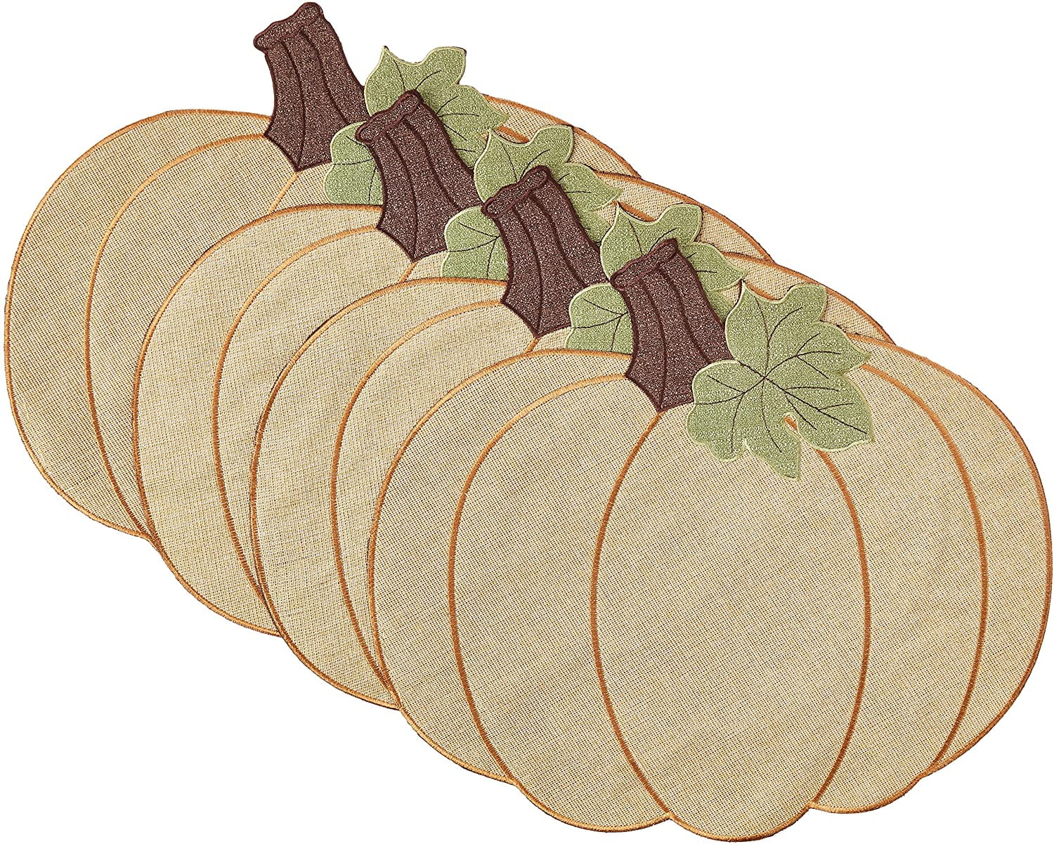 Violet Linen Thanksgiving Harvest Fall Pumpkin Pattern, Polyester Applique Embroidered Burlap, Gold, 12 Inch x 18 Inch, Oval, Set of 4, Decorative Place Mats