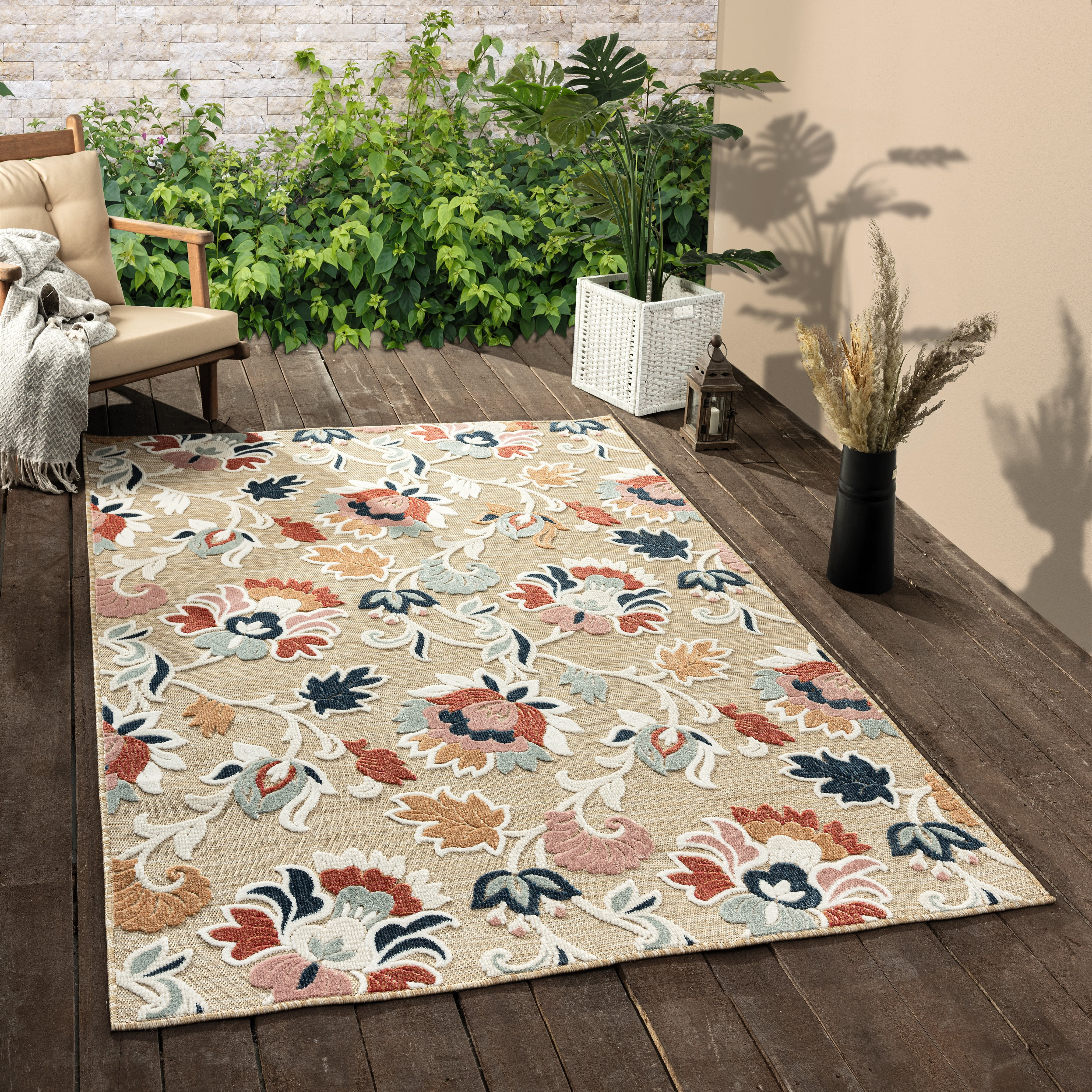 LR Home Elise 7'9" x 9'9" Coral/Beige Floral Hi-Low Indoor/Outdoor Area Rug