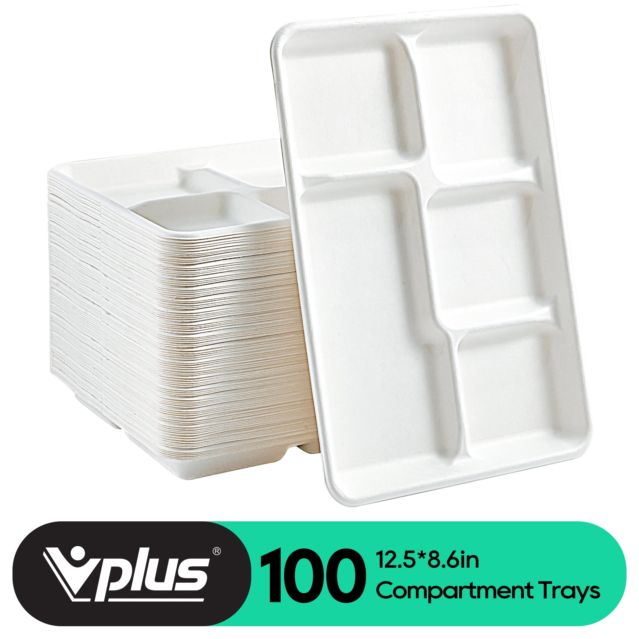 Vplus 100% Compostable Bagasse 5 Compartment Paper Plate, 12.5*8.6 inch, White,100 Pack