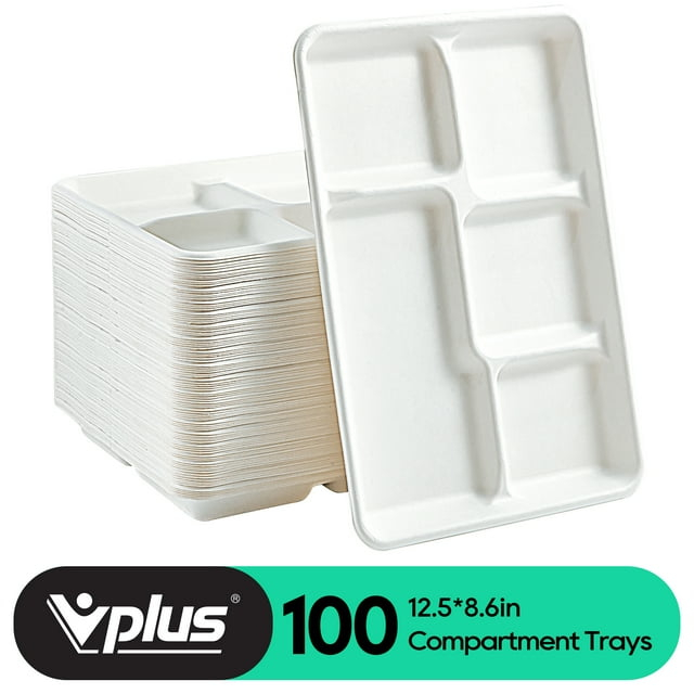 Vplus 100% Compostable Bagasse 5 Compartment Paper Plate, 12.5*8.6 inch, White,100 Pack