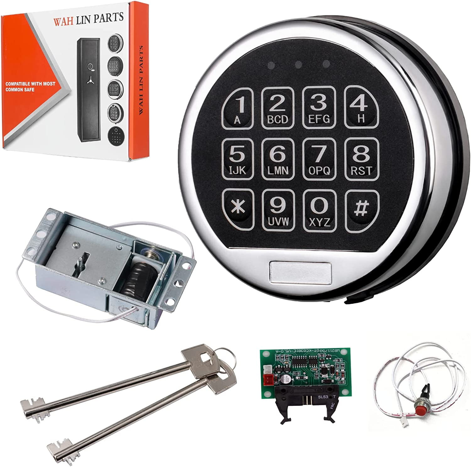 WAH LIN PARTS Gun Safe Lock Replacement Chrome Keypad DIY Safe Electronic Lock with Solenoid 2 Override Keys, Fireproof Electronic Box Lock