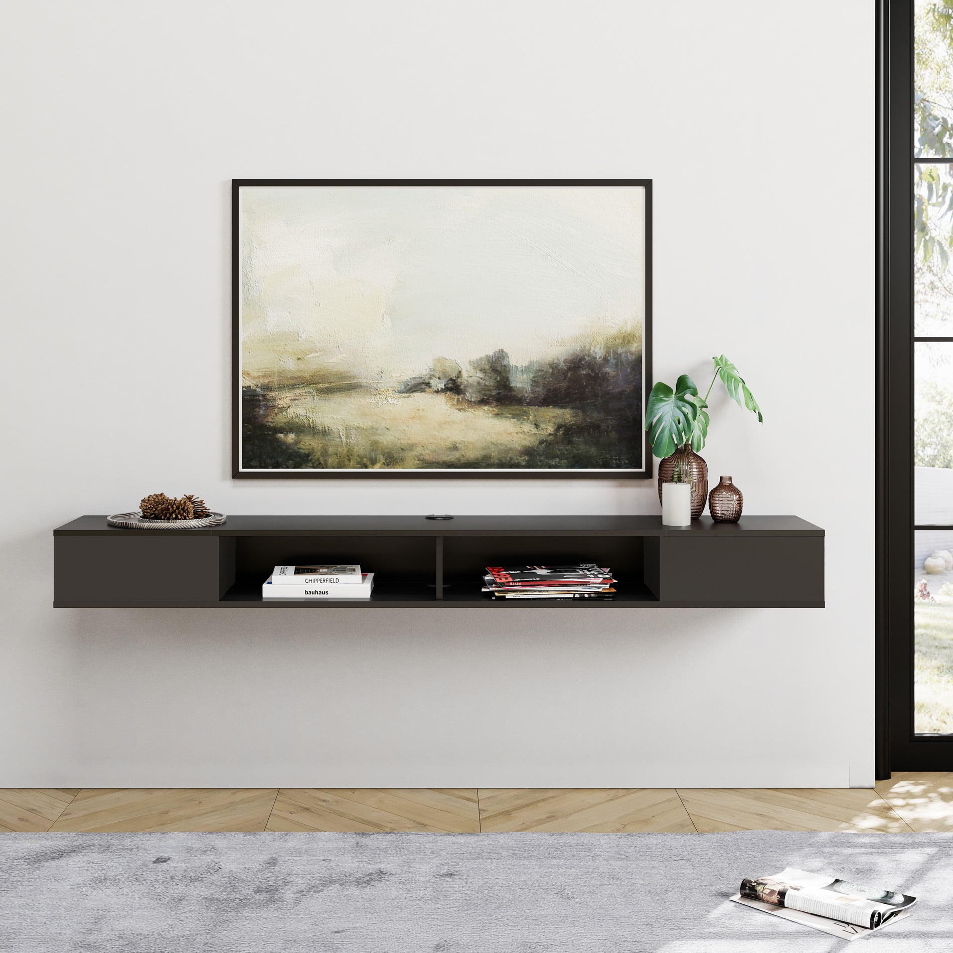 WAMPAT 70 inch Floating TV Shelf for Under TV, Floating TV Stand for 75 TVs, Wall Mount Media Console TV Stand with Storage for Living Room,Bedroom, Black