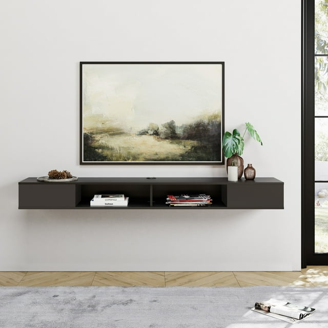 WAMPAT 70 inch Floating TV Shelf for Under TV, Floating TV Stand for 75 TVs, Wall Mount Media Console TV Stand with Storage for Living Room,Bedroom, Black