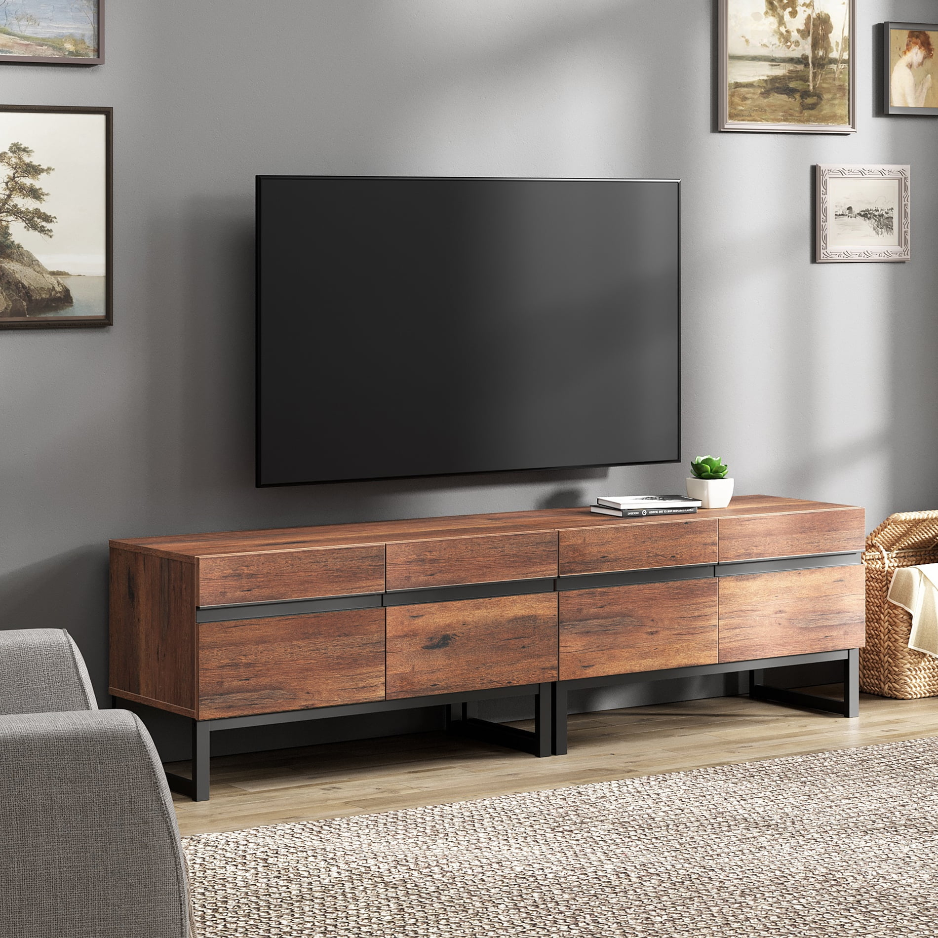 WAMPAT Modern TV Stand for TVs up to 75 inch, 2 in 1 Entertainment Center TV Console with Storage Cabinets and Metal Base,Media Console for Living Room,Brown