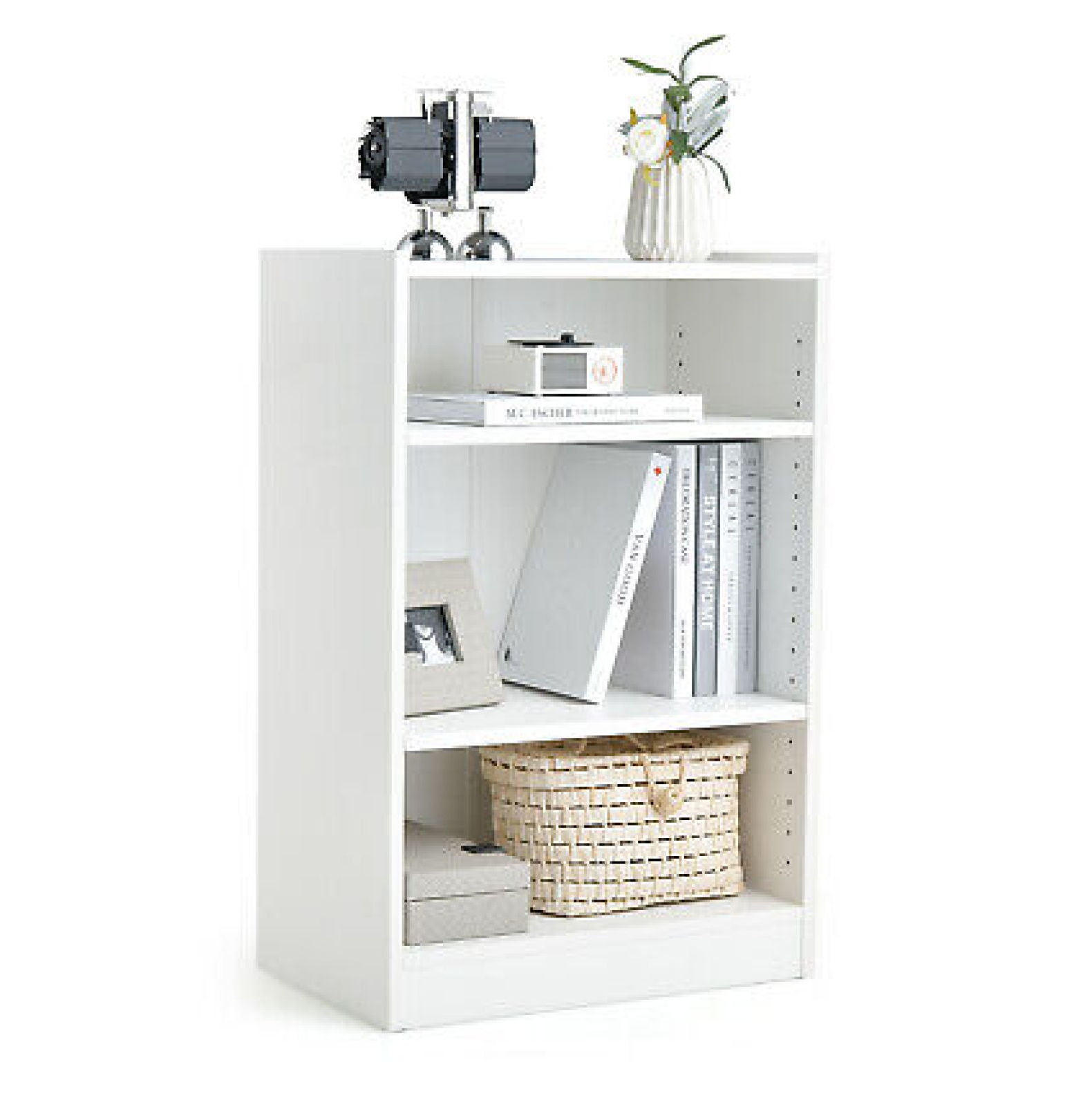 White 3-Tier Adjustable MDF Bookcase with Anti-Toppling Device