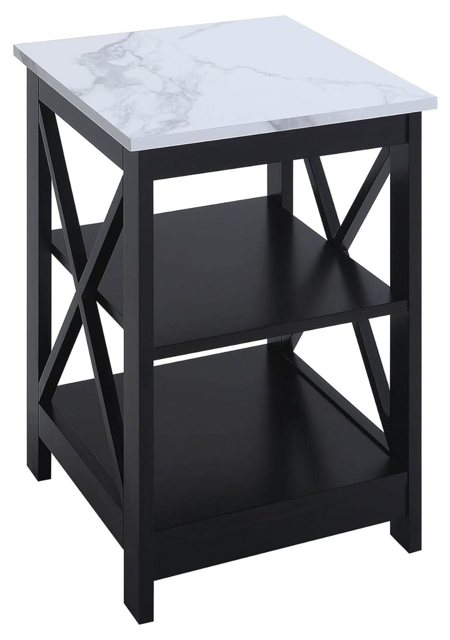 Convenience Concepts Oxford End Table with Shelves, White Faux Marble/Black