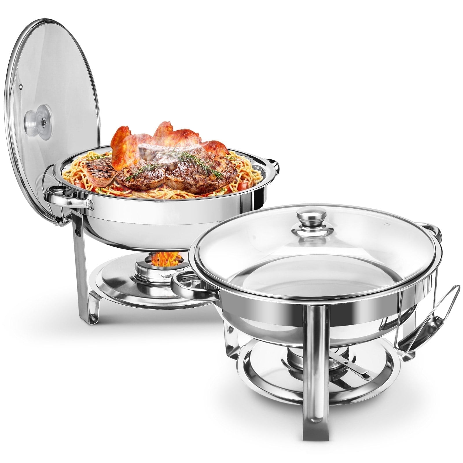 WARMOUNTS Chafing Dish Buffet Set, 2 Pack 5-Quart Round Buffet Chafe Warmer Set, 410 Stainless Steel Chafing Dish Buffet Food Warmer with Glass Lid & Holder