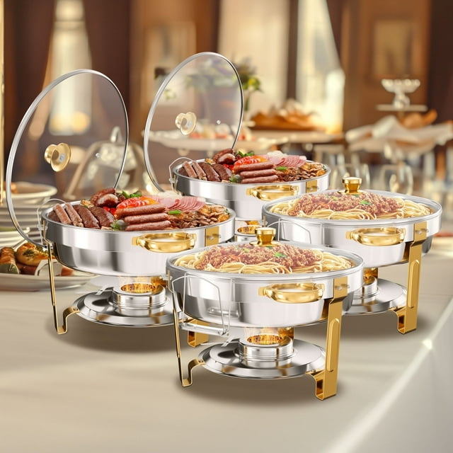 WARMOUNTS Chafing Dish Buffet Set, 5QT 4 Pack Gold Accent Stainless Steel Chafers and Buffet Warmers Sets with Glass Lid & Lid Holder for Parties Catering Events Weddings Banquets