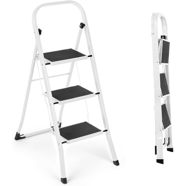 WAYPLUS 330lb Capacity 3 Step Steel Ladder, Folding Portable Step Stool w/ Non-Slip Feet, Rubber Pads