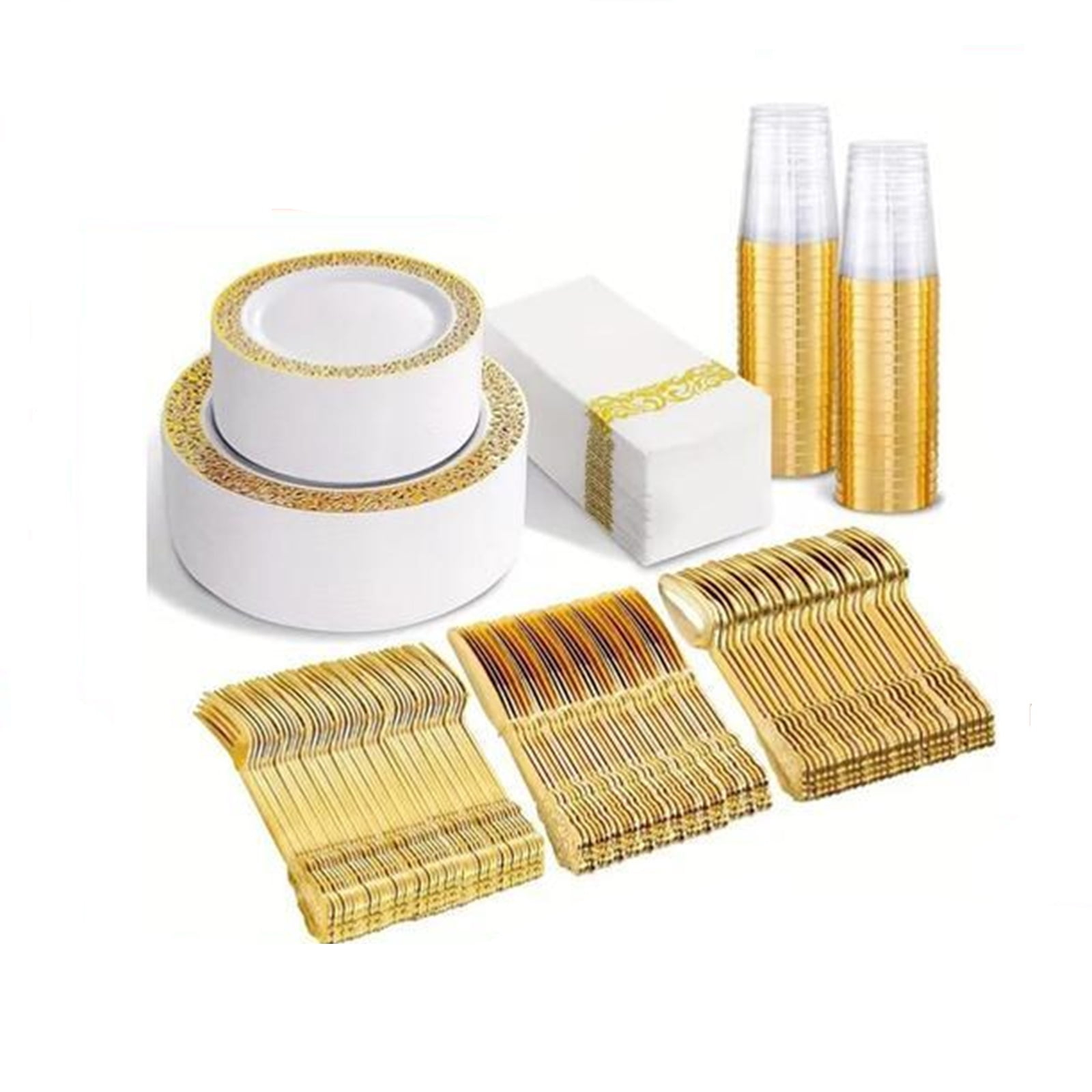 Akmi 350 Piece Gold Plastic Dinnerware Set with Linen Napkins