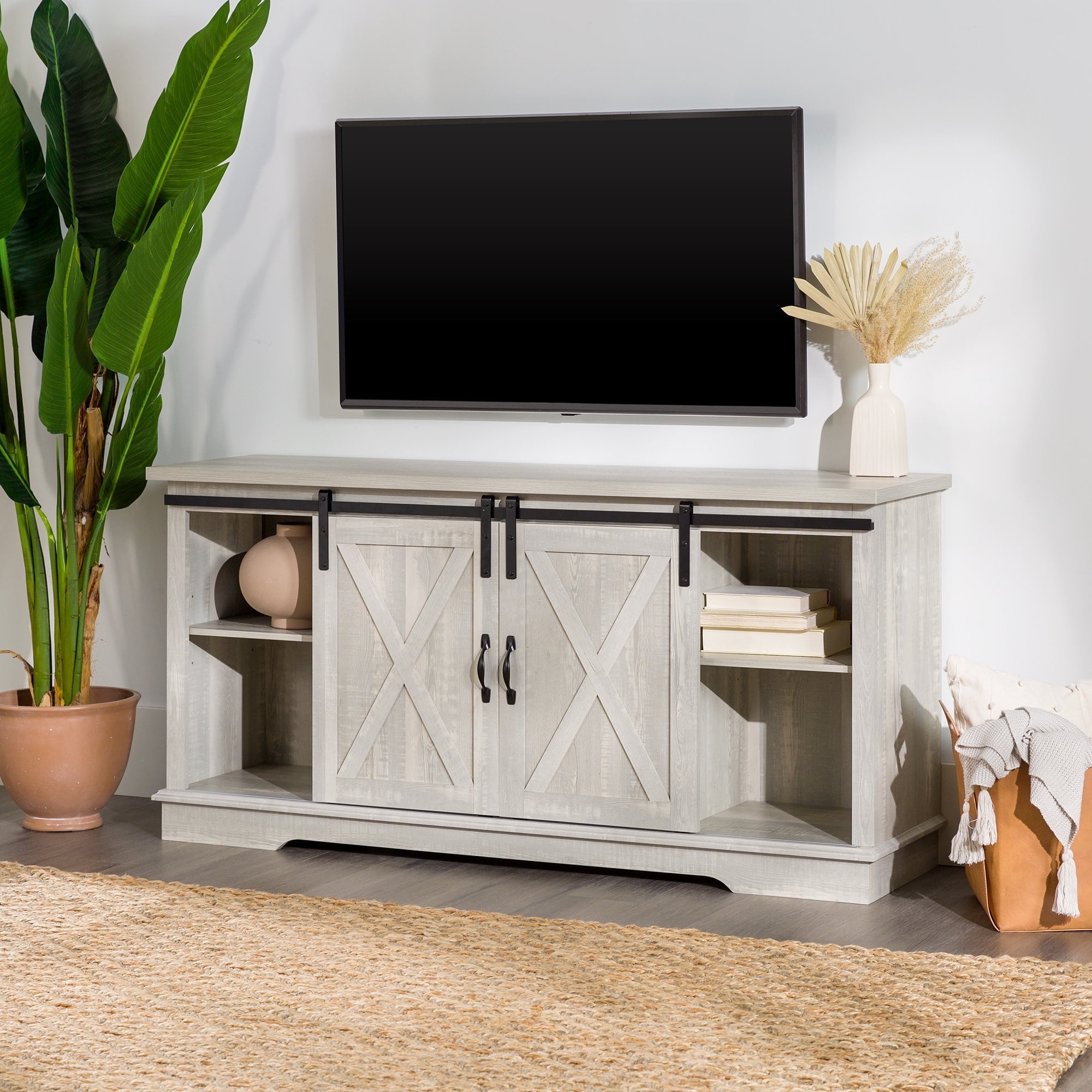 Walker Edison Sliding Farmhouse Barn Door TV Stand for TVs up to 65", Stone Grey