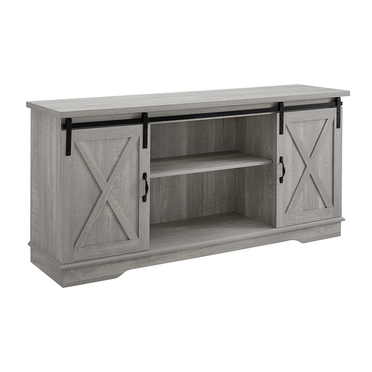 Stone Grey Modern Farmhouse 58" TV Stand with Barn Door Cabinets