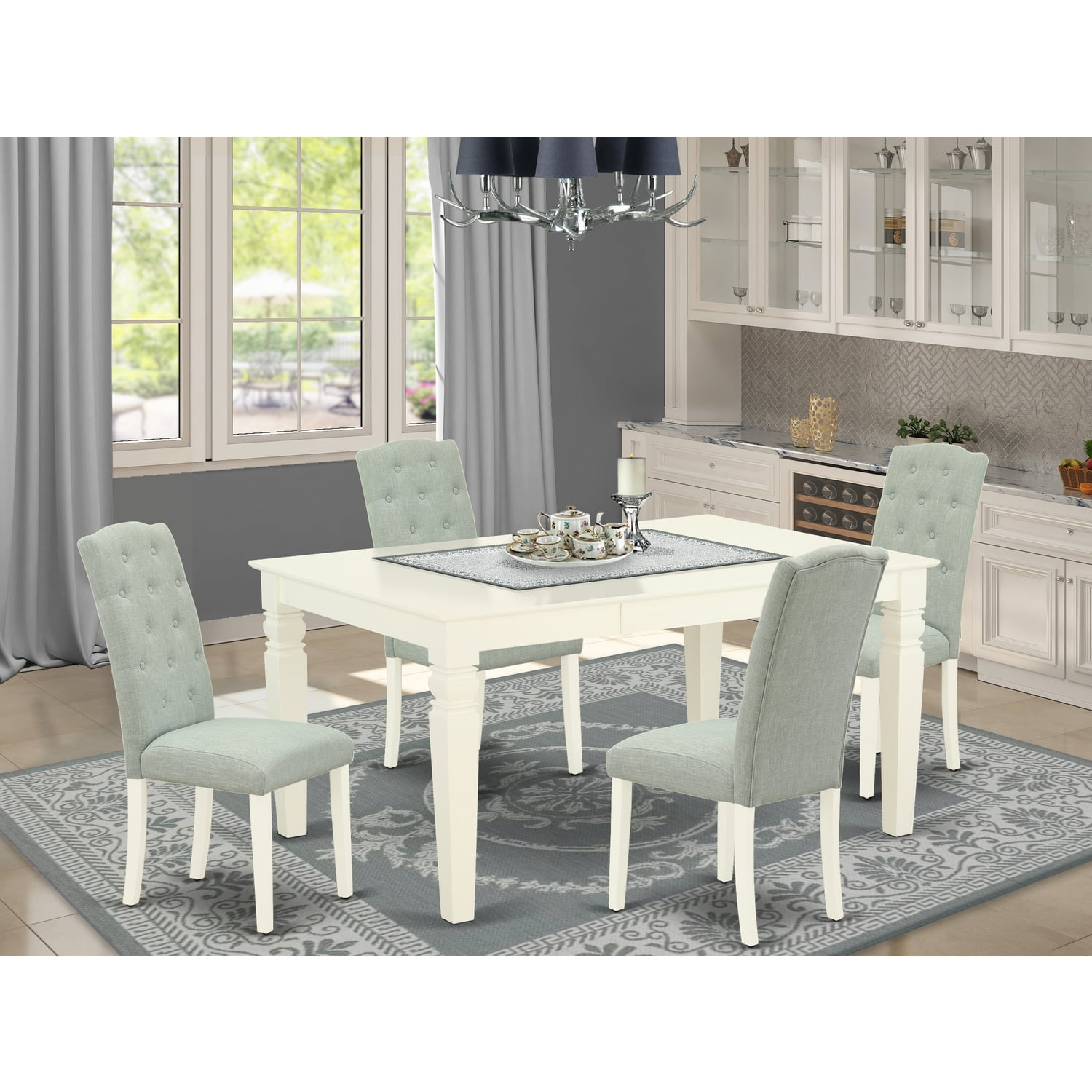 WECE5-WHI-15 5Pc Dining Set Includes a Rectangle Dinette Table with Butterfly Leaf and Four Parson Chairs with Baby Blue Fabric, White Finish