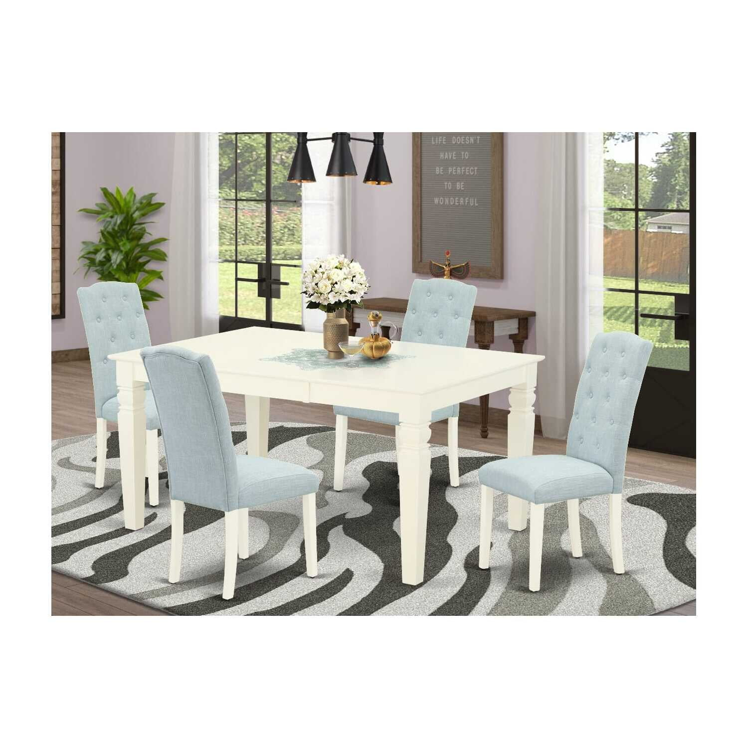 WECE5-WHI-15 5Pc Dining Set Includes a Rectangle Dinette Table with Butterfly Leaf and Four Parson Chairs with Baby Blue Fabric, White Finish