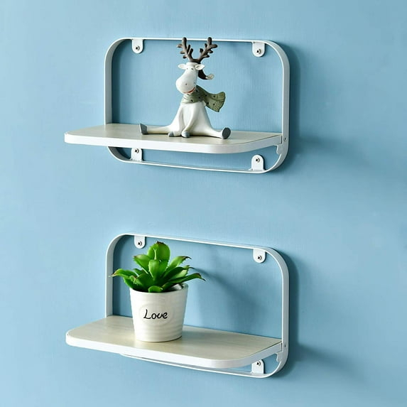 WELLAND 12'' Arlington Floating Shelves Folding Display Wall Shelves, Walnut Grain Wooden Board & Metal Frame, Set of 2