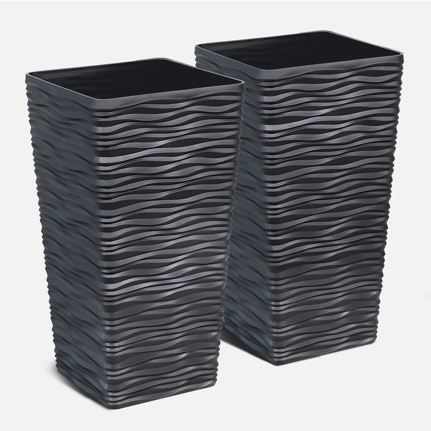 WORTH 22 inch Planters for Indoor Plants,Black Planters Outdoor Set of 2, Plastic Square Pots for Plants, Matte Wavy Modern Planter Large Plant Pot Tree Pot