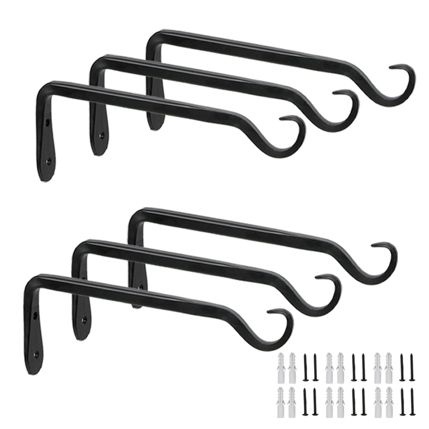 6-Pack 7" Plant Hanger Bracket - Forged Wrought Iron Powder-Coated Heavy Duty Wall Hook - Black Plant Hanging Hooks - Durable and Stable for Bird Feeders, Planters Indoor & Outdoor
