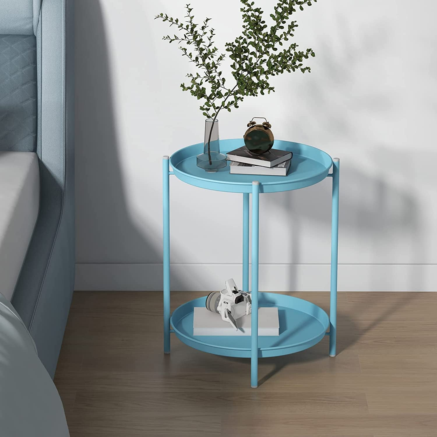 HollyHOME 2-Tier Round Side Table, Outdoor Small Folding Accent Stand with Removable Tray, Anti-Rust Metal Asional Table for Balcony Patio Living Room, Nightstand for Bedroom(Navy Blue)
