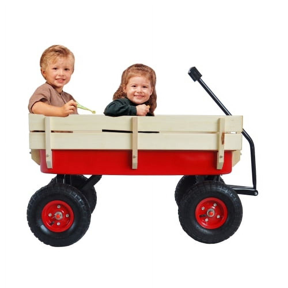 QDXFL Outdoor Wagon All Terrain Pulling w/Wood Railing Air Tires Children Kid Garden（Red）