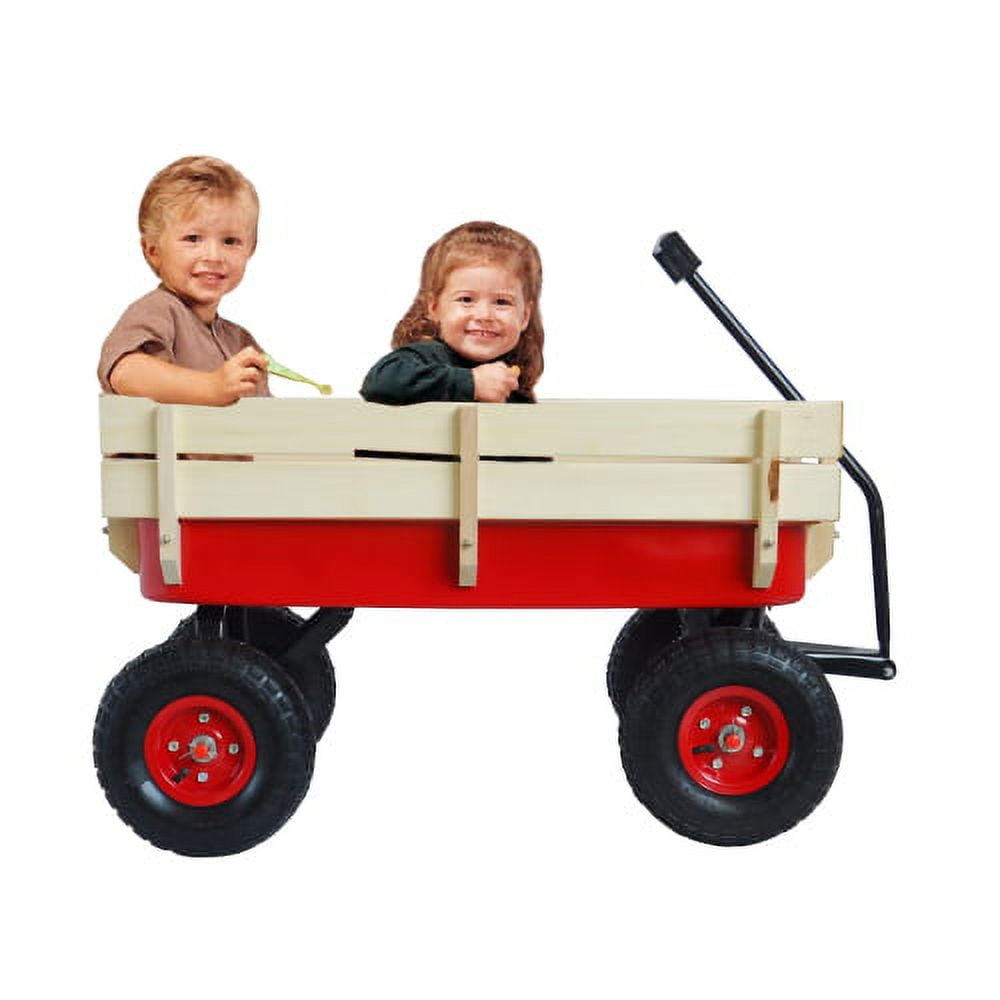 QDXFL Outdoor Wagon All Terrain Pulling w/Wood Railing Air Tires Children Kid Garden（Red）