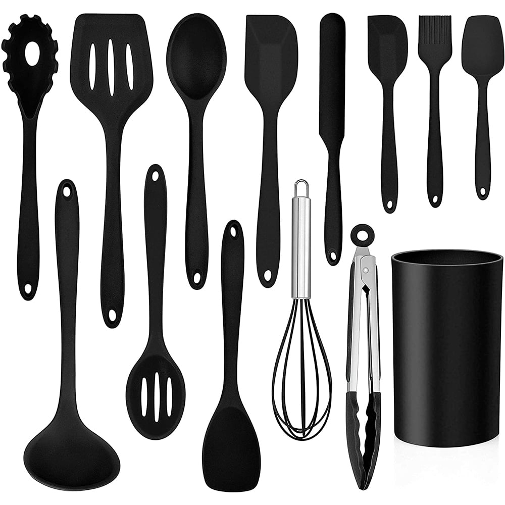 Walchoice 14 Pcs Cooking Utensils Set with Holder, Heat Resistant Silicone Kitchen Cookware Utensils Set, Kitchen Cooking Tools Includes Spatula Spoon Turner Whisk Tong, Dishwasher safe, Black