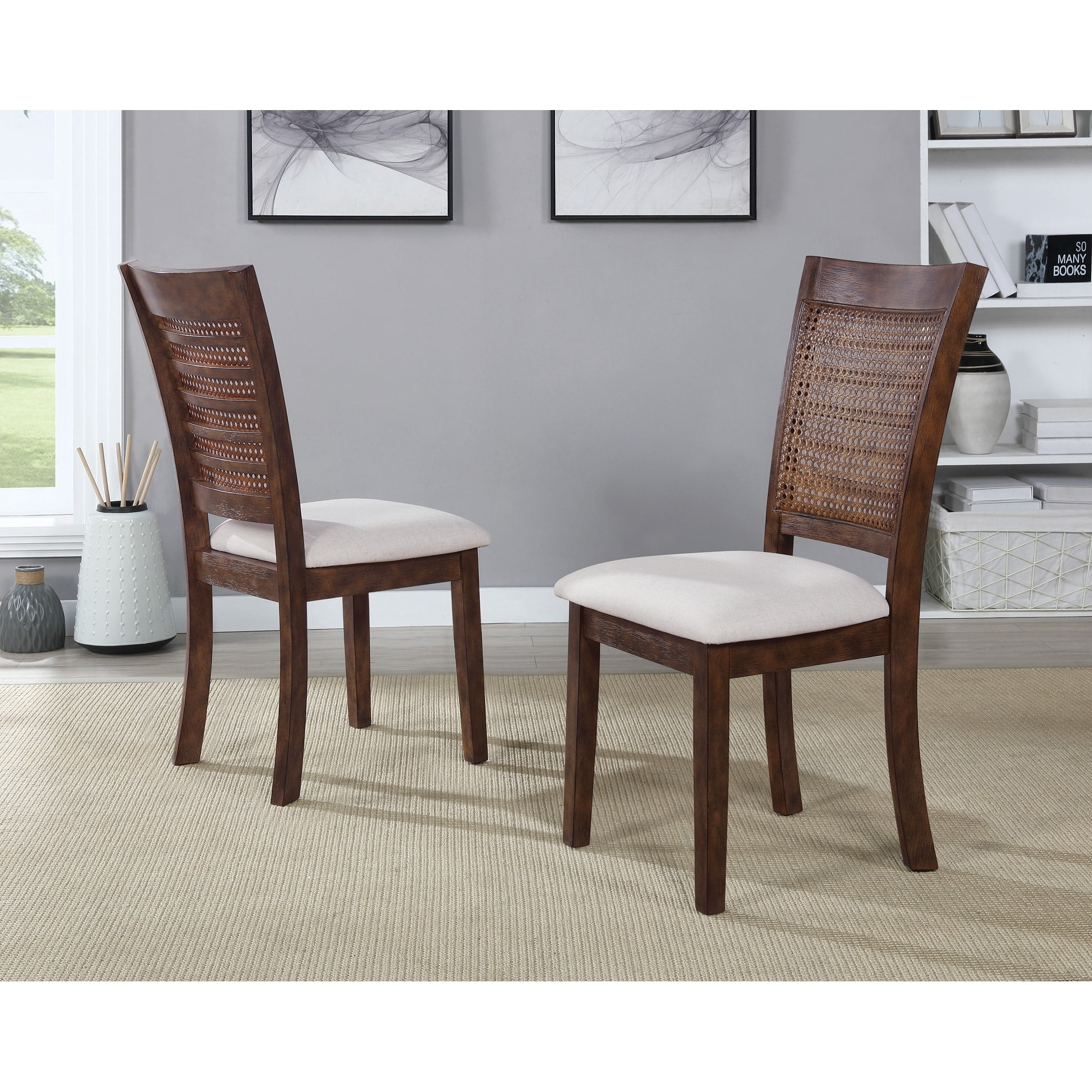 Walden Cane Back Dining Chair with  Brown Base and Linen White Fabric Seat