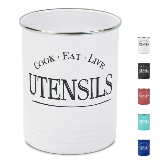 Walford Home Farmhouse Kitchen Utensil Holder Crock, White Steel and Premium Padded Base