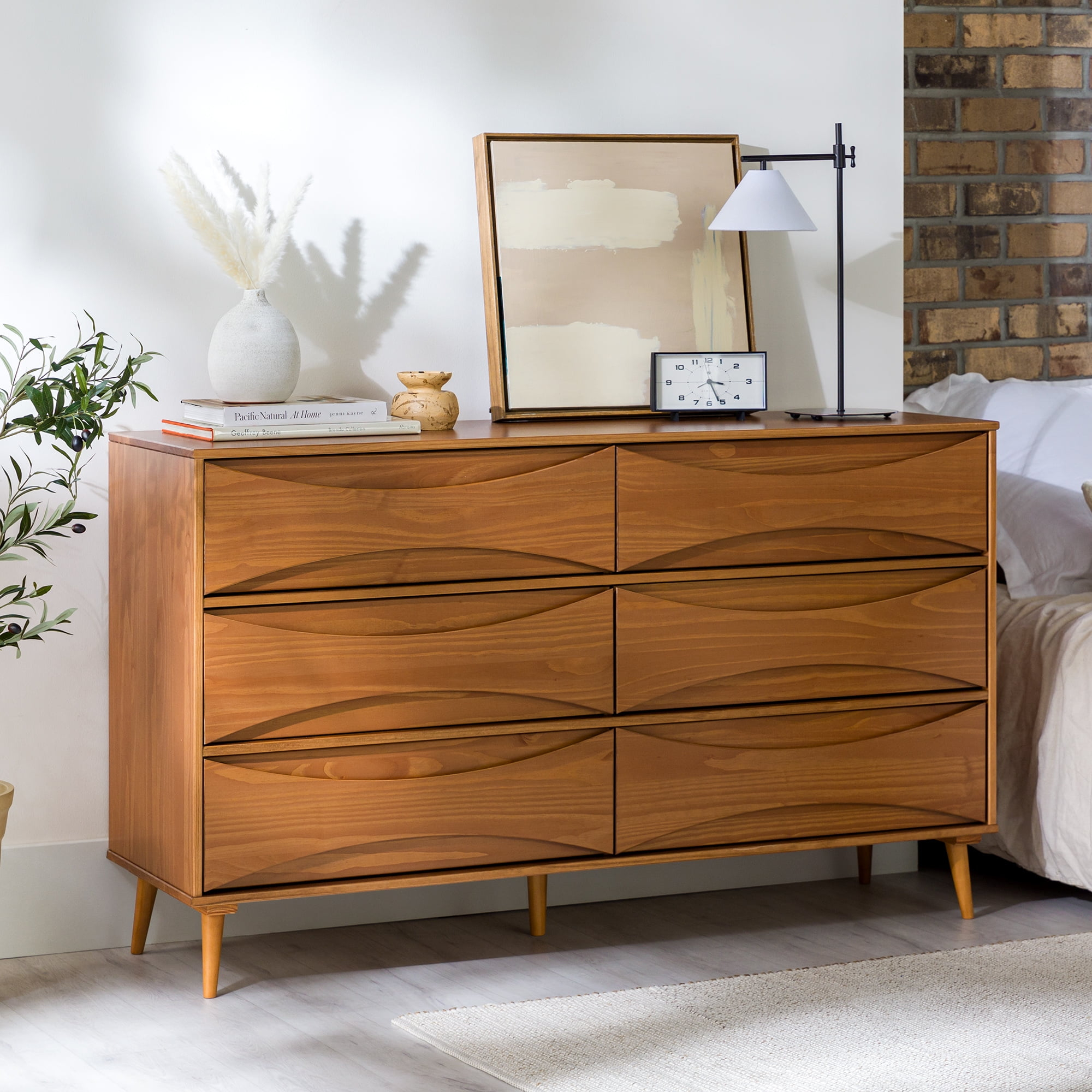 Walker Edison 58” Mid-Century Modern Curved Front 6-Drawer Dresser, Caramel